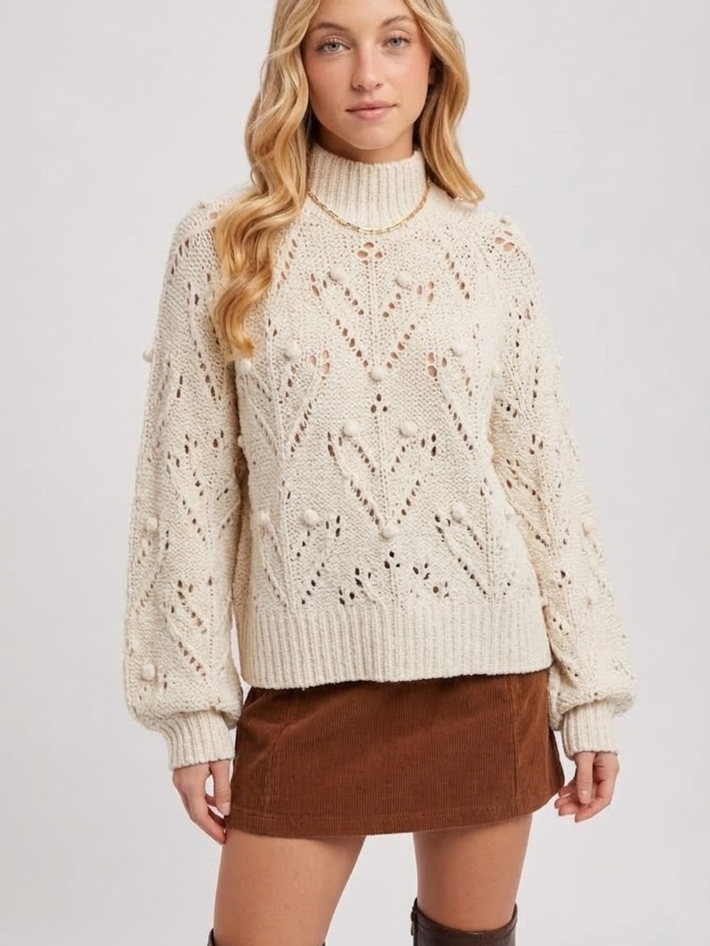 Silverflint Cream Mock Neck Pom Pom Pointelle Knit Sweater S